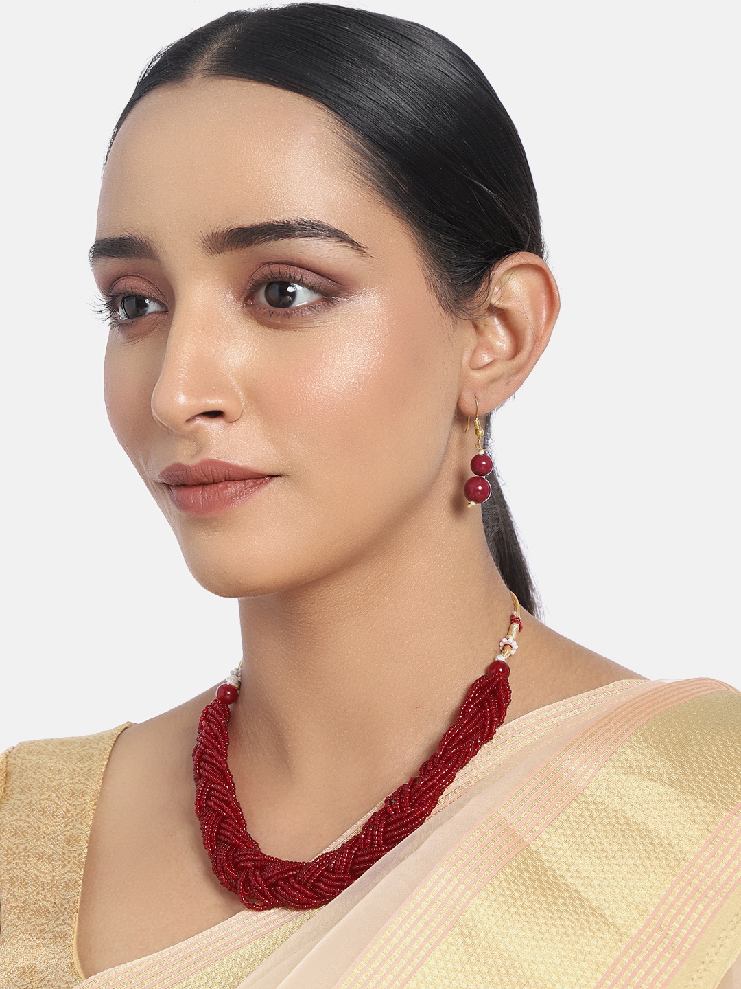 

I Jewels Maroon Handcrafted Twisted Beaded Jewellery Set