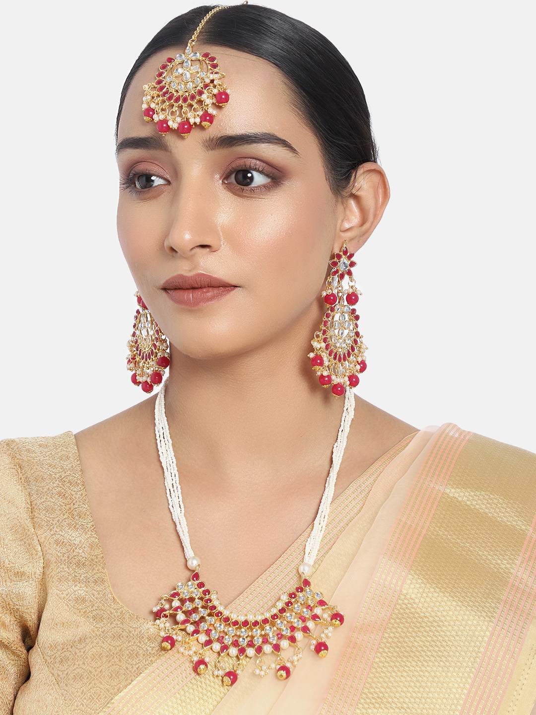 

I Jewels Red Gold-Plated Kundan & Pearl Embellished Handcrafted Jewellery Set