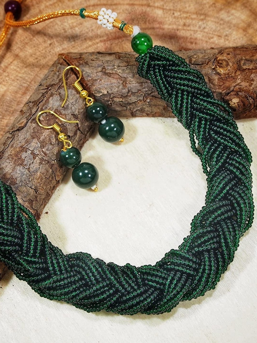 

I Jewels Green Gold-Plated Handcrafted Twisted Beaded Jewellery Set