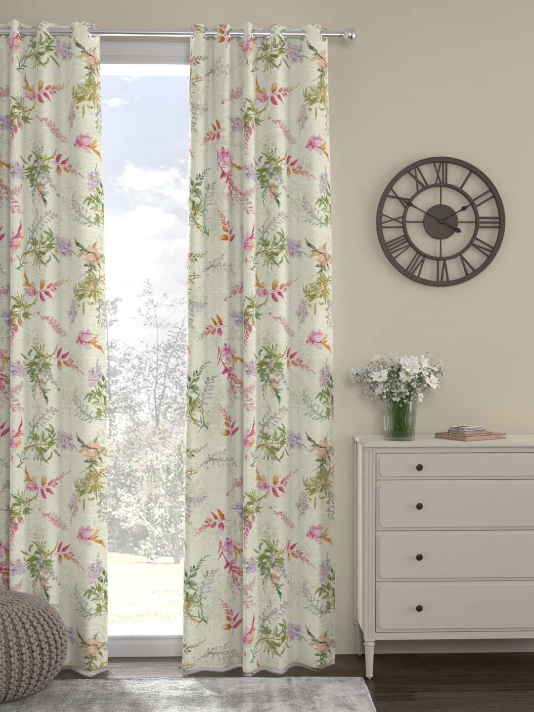 

ROSARA HOME Green & Pink Single Eyelet Long Door Curtain