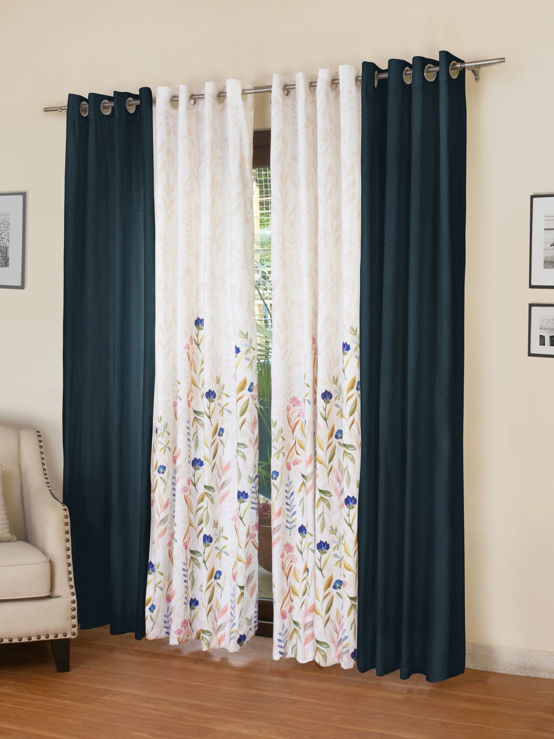 

ROSARA HOME Navy Blue & White Set of 4 Long Door Curtains