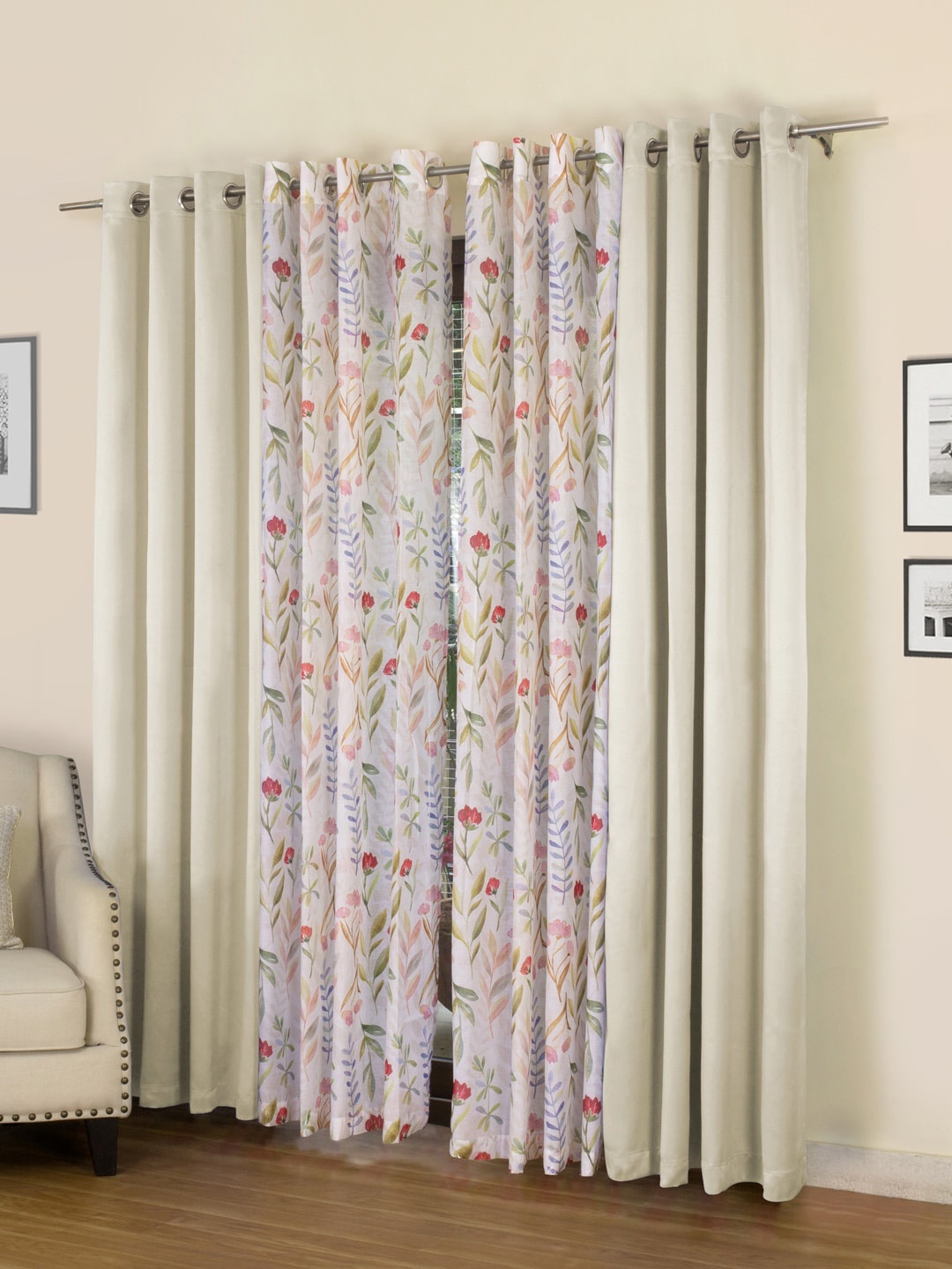

ROSARA HOME Cream-Coloured & White Set of 4 Floral Black Out Long Door Curtains
