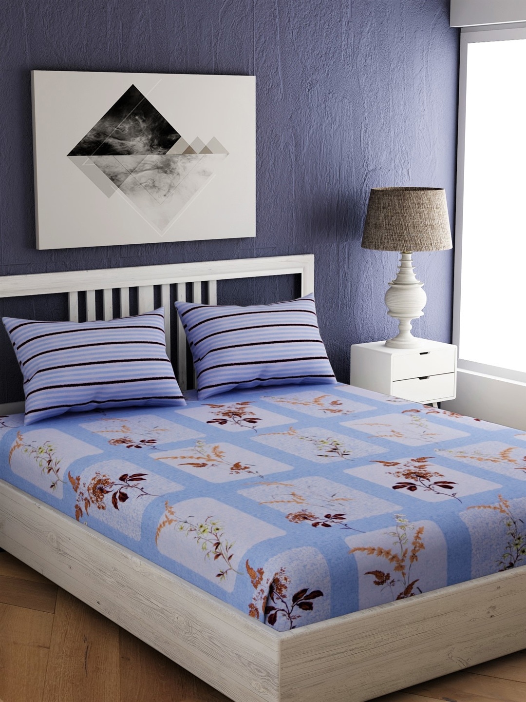

EverHOME Blue & Brown Floral 210 TC Cotton 1 Queen Bedsheet with 2 Pillow Covers