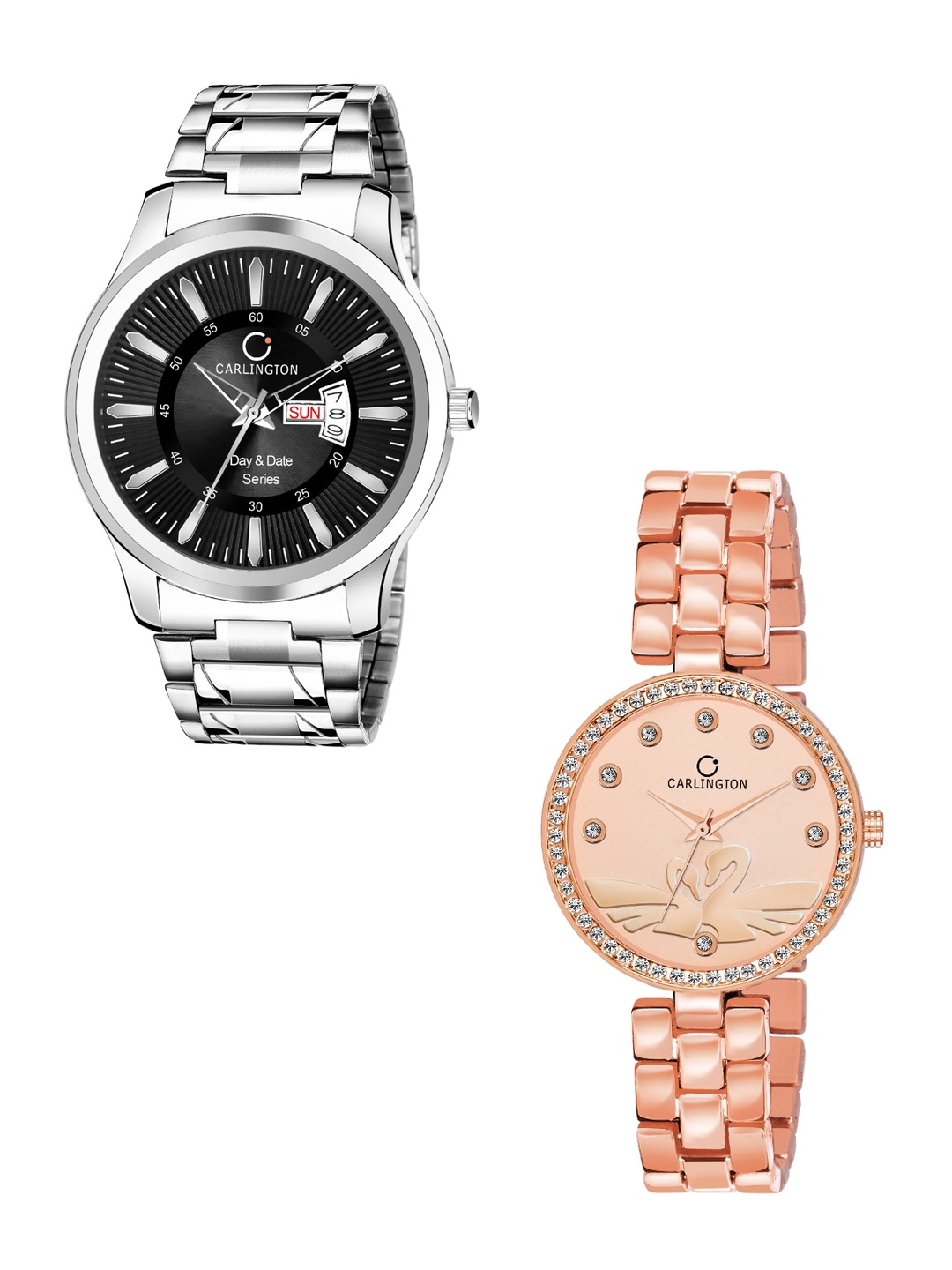 

CARLINGTON Unisex Rose Gold-Toned & Black Couple Analogue Watch Gift Set Combo G-01