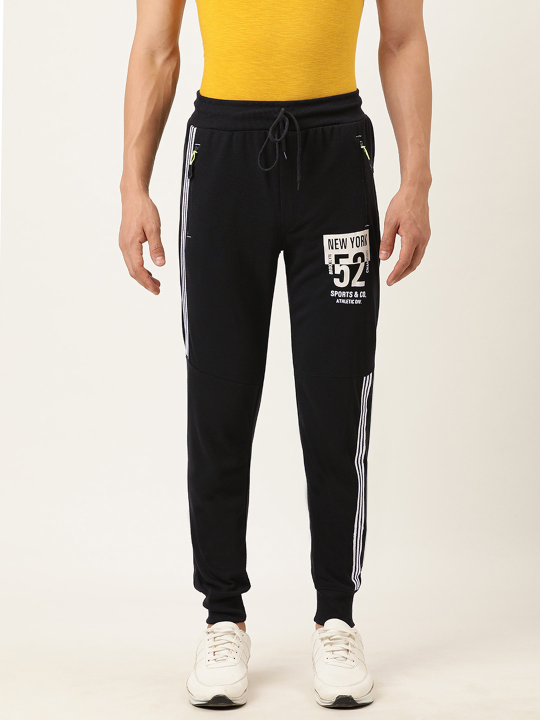 

Sports52 wear Men Black Printed Slim Fit Joggers With Side Stripes
