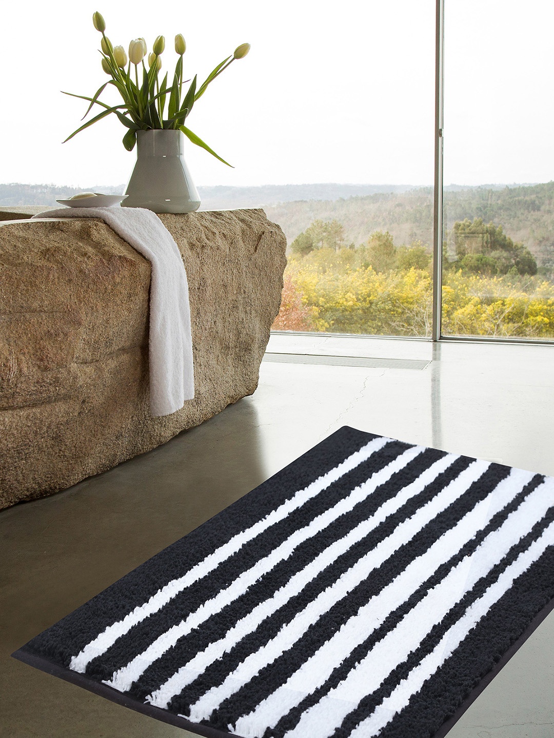 

OBSESSIONS Black & White Self Design Reversible Rectangular Bath Rug