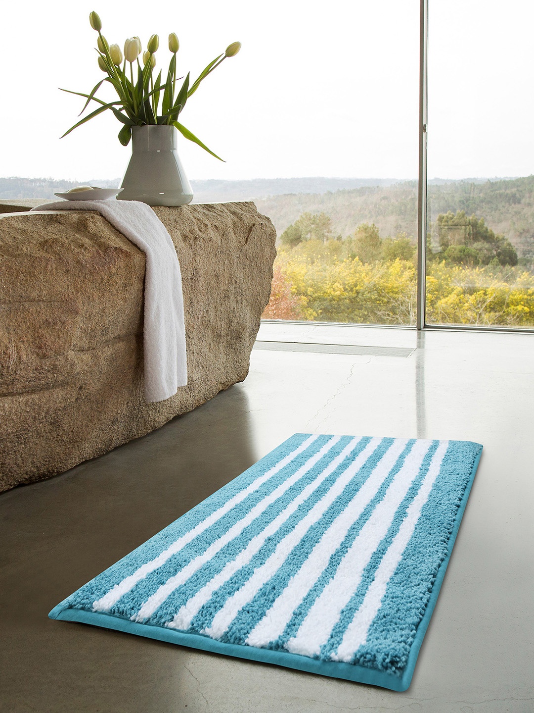 

OBSESSIONS Teal Green & White Printed Rectangular Reversible Bath Rug