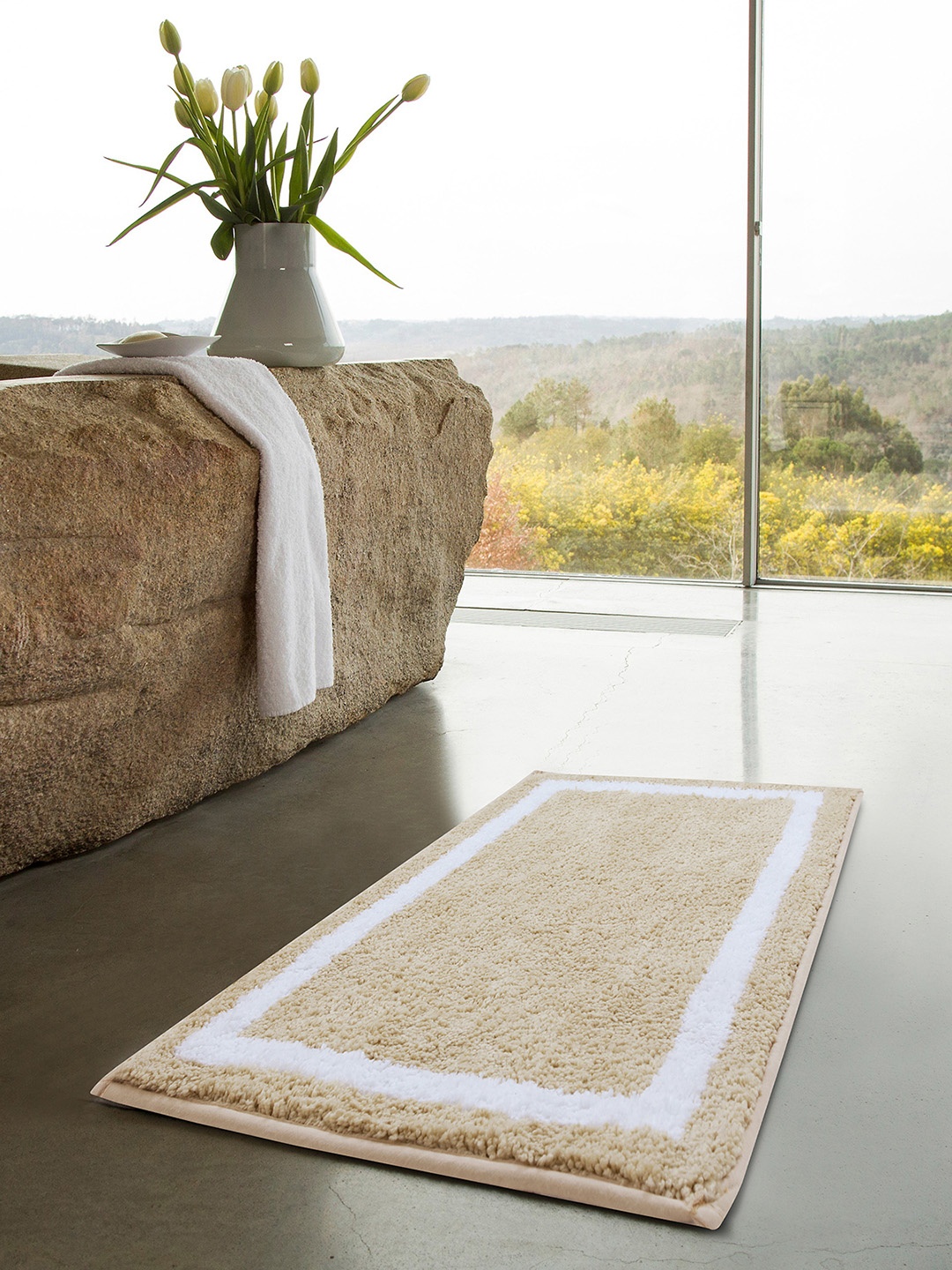 

OBSESSIONS Beige & White Self Design Reversible Rectangular Bath Rug