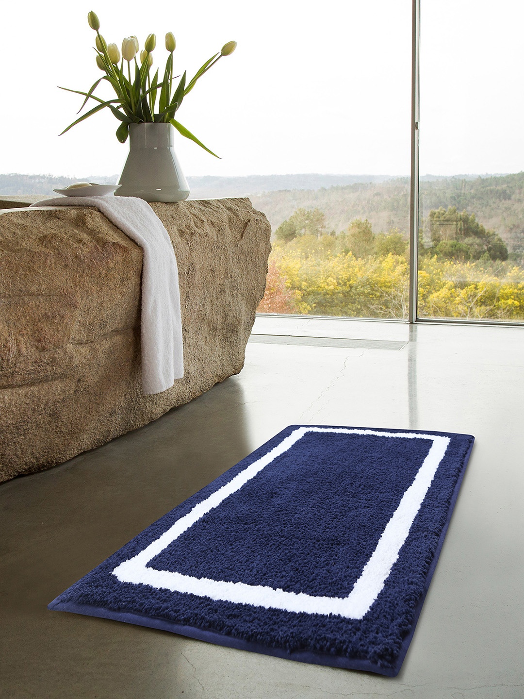 

OBSESSIONS Blue & White Printed Microfiber Polyester Reversible Anti-Slip Bath Rug
