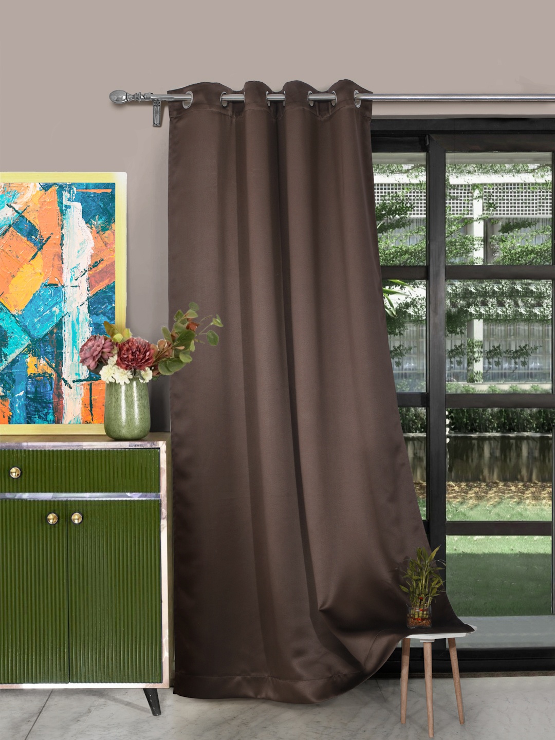 

ROSARA HOME Coffee Brown Single Solid Black Out Long Door Curtain