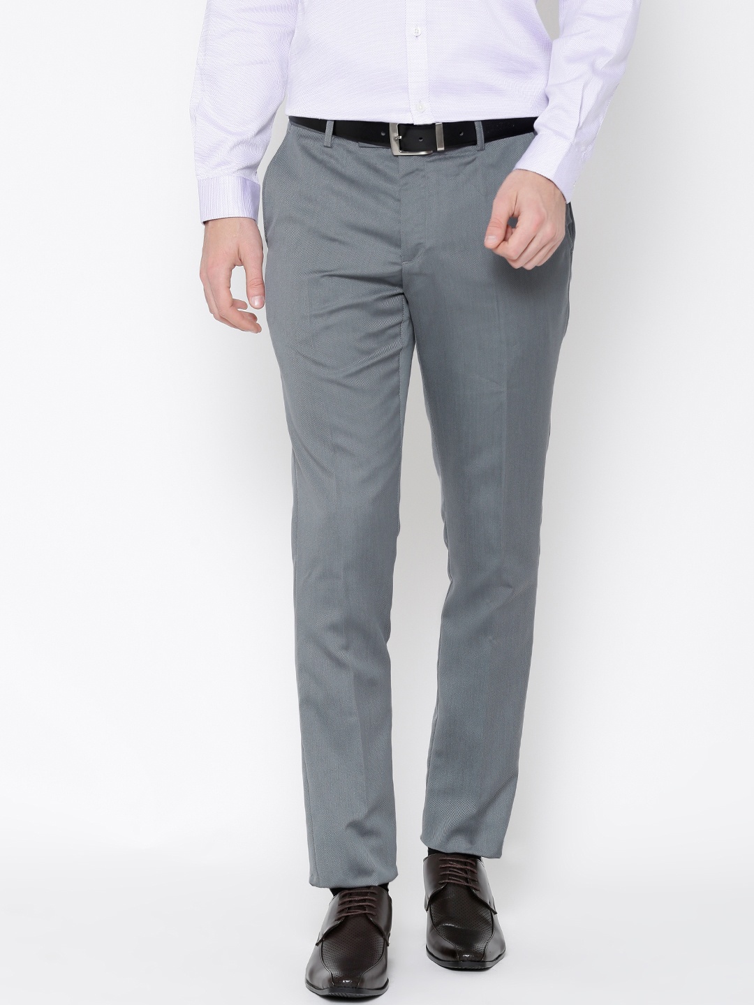 

Black coffee Men Grey Solid Smart Slim Fit Flat-Front Trousers