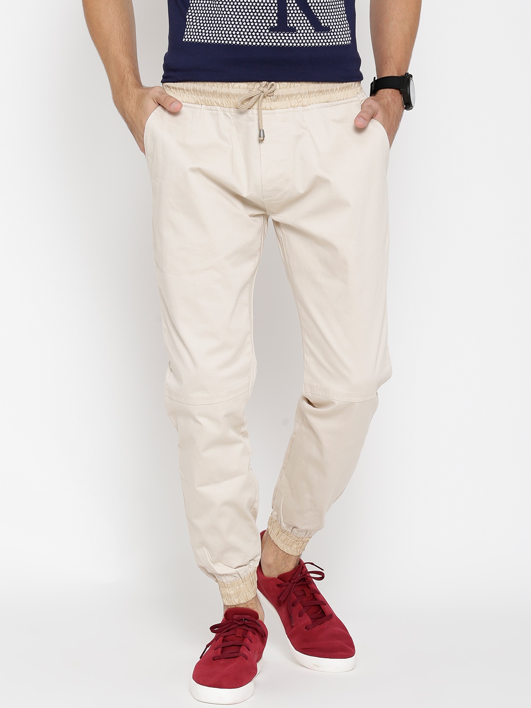

LOCOMOTIVE Men Beige Solid Loose Fit Cuffed Joggers