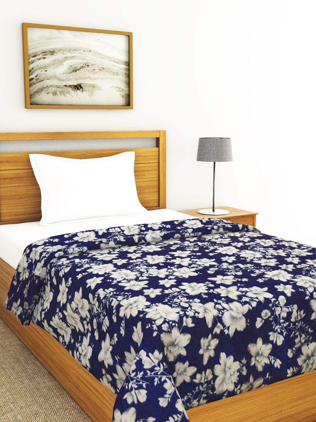 

BIANCA Blue & Off-White Floral AC Room 300 GSM Double Bed Blanket