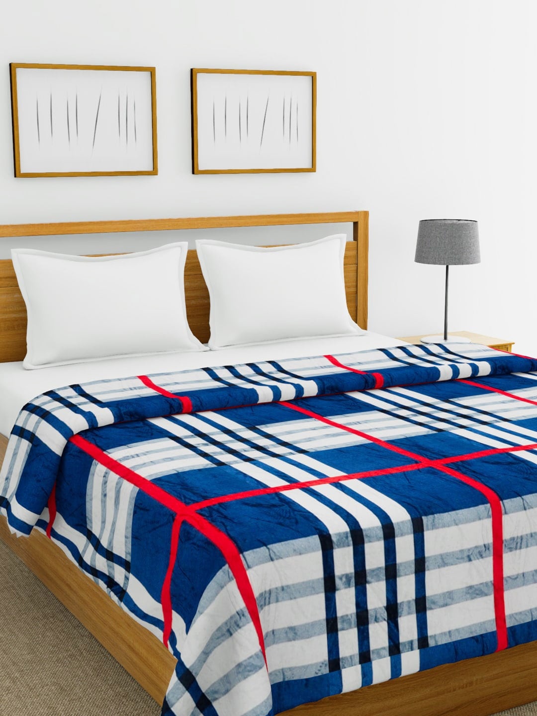 

BIANCA Navy Blue & White Checked AC Room 300 GSM Double Bed Blanket