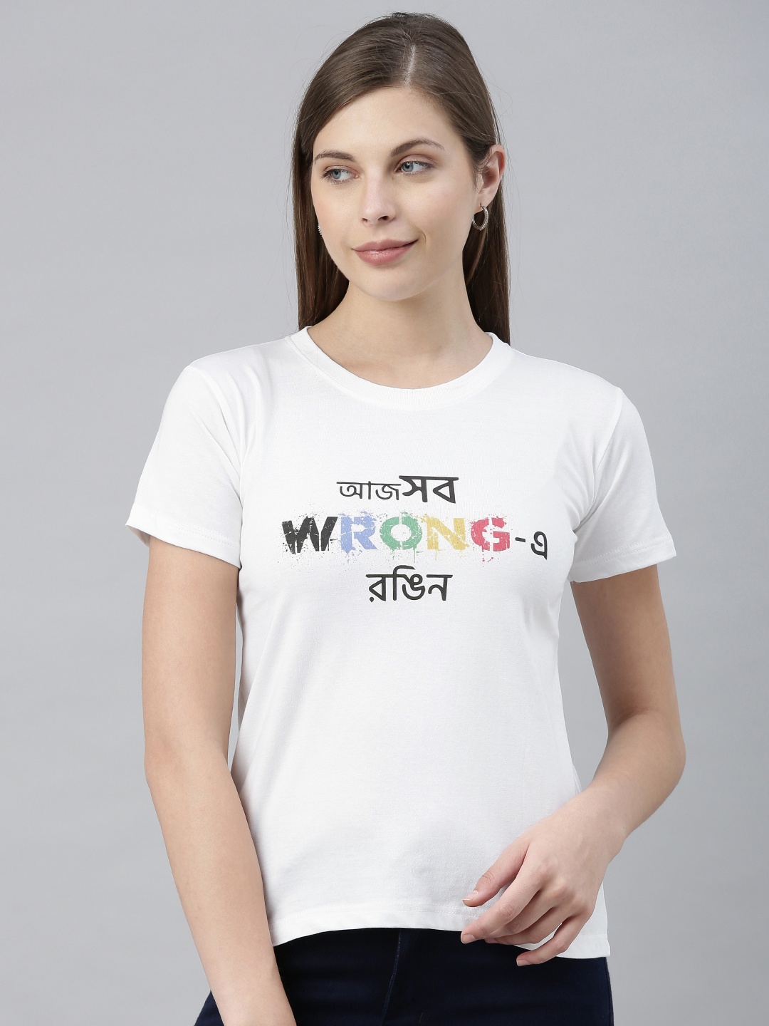 

BRATMA Women White Printed Round Neck Pure Cotton T-shirt