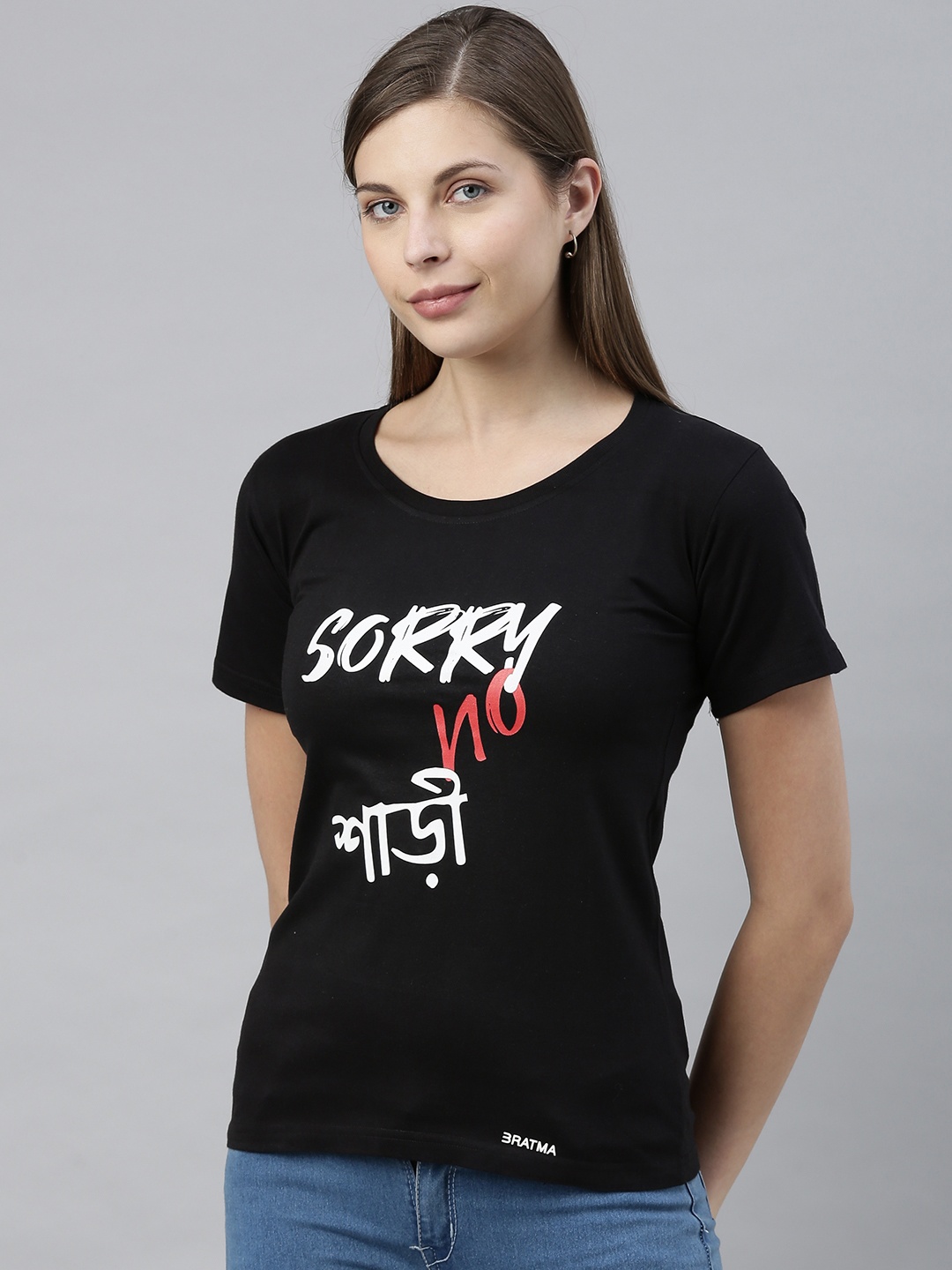 

BRATMA Women Black Printed Round Neck T-shirt