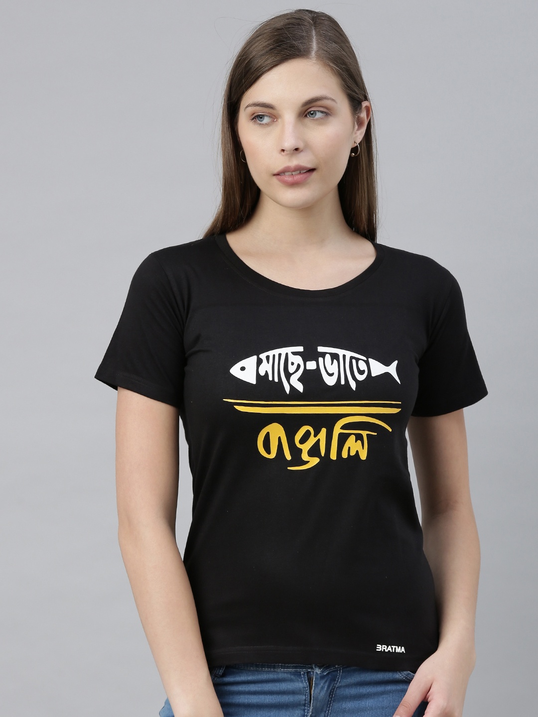 

BRATMA Women Black Printed Round Neck T-shirt