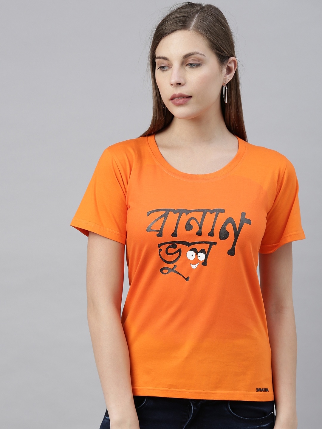 

BRATMA Women Orange Printed Round Neck T-shirt