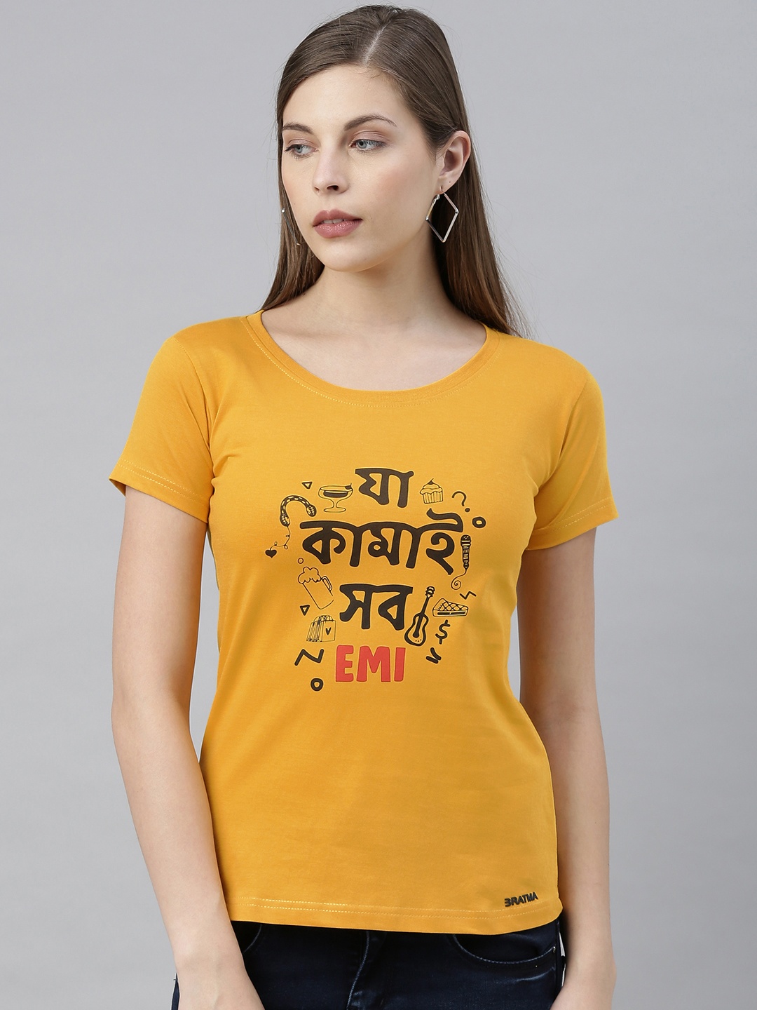 

BRATMA Women Mustard Yellow Printed Round Neck T-shirt