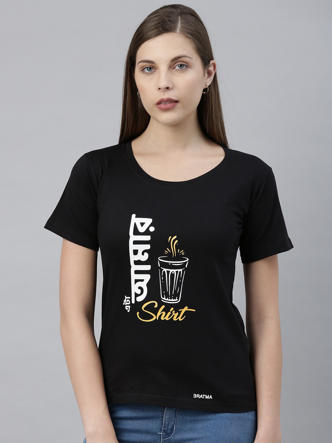 

BRATMA Women Black Printed Round Neck T-shirt