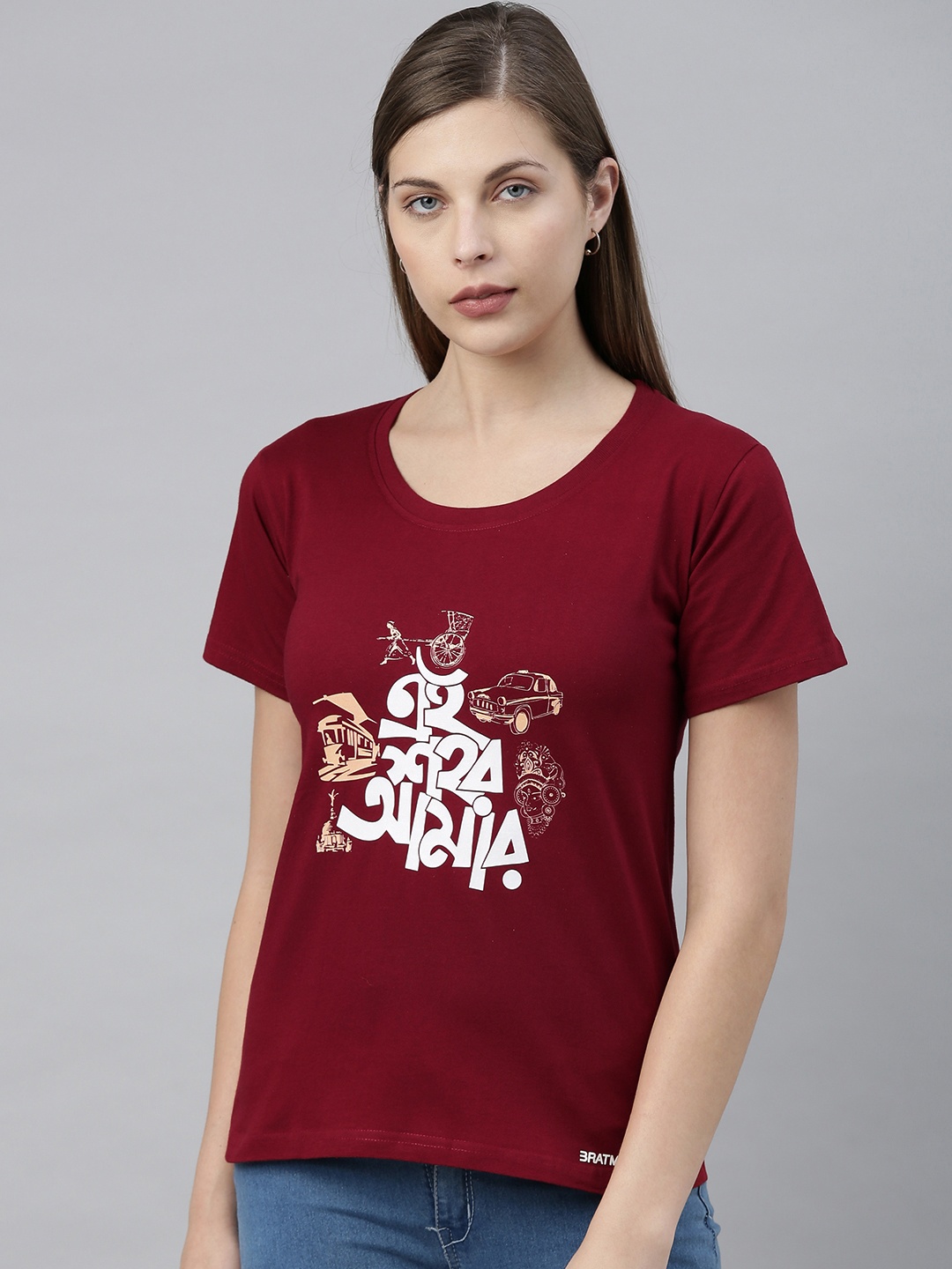 

BRATMA Women Maroon Printed Round Neck Pure Cotton T-shirt