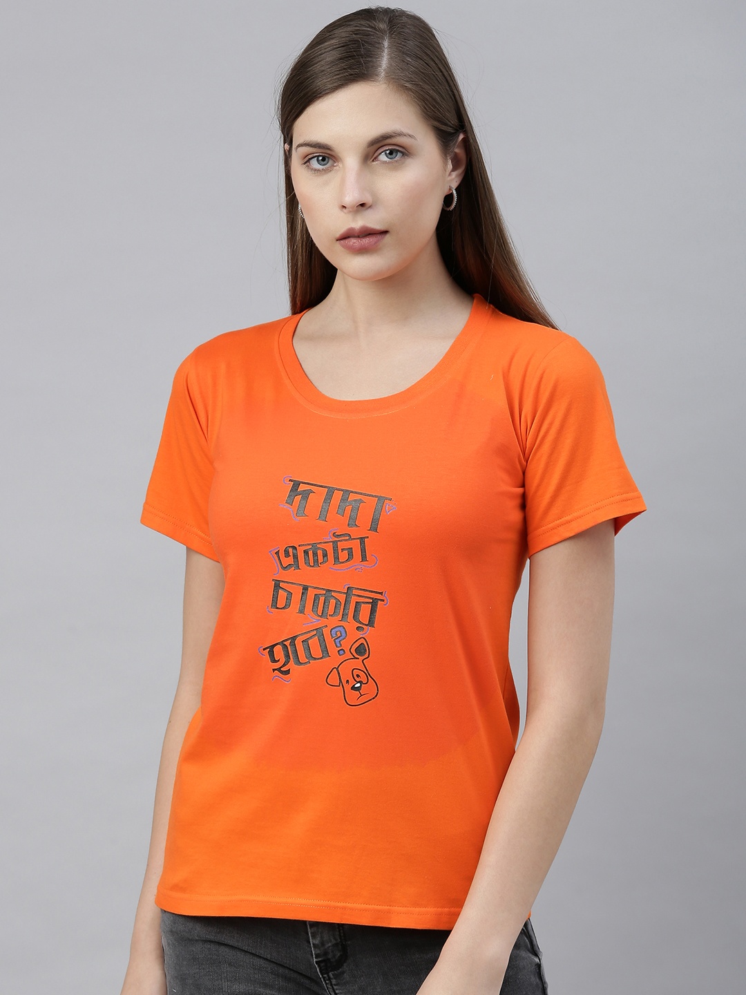 

BRATMA Women Orange Printed Round Neck T-shirt