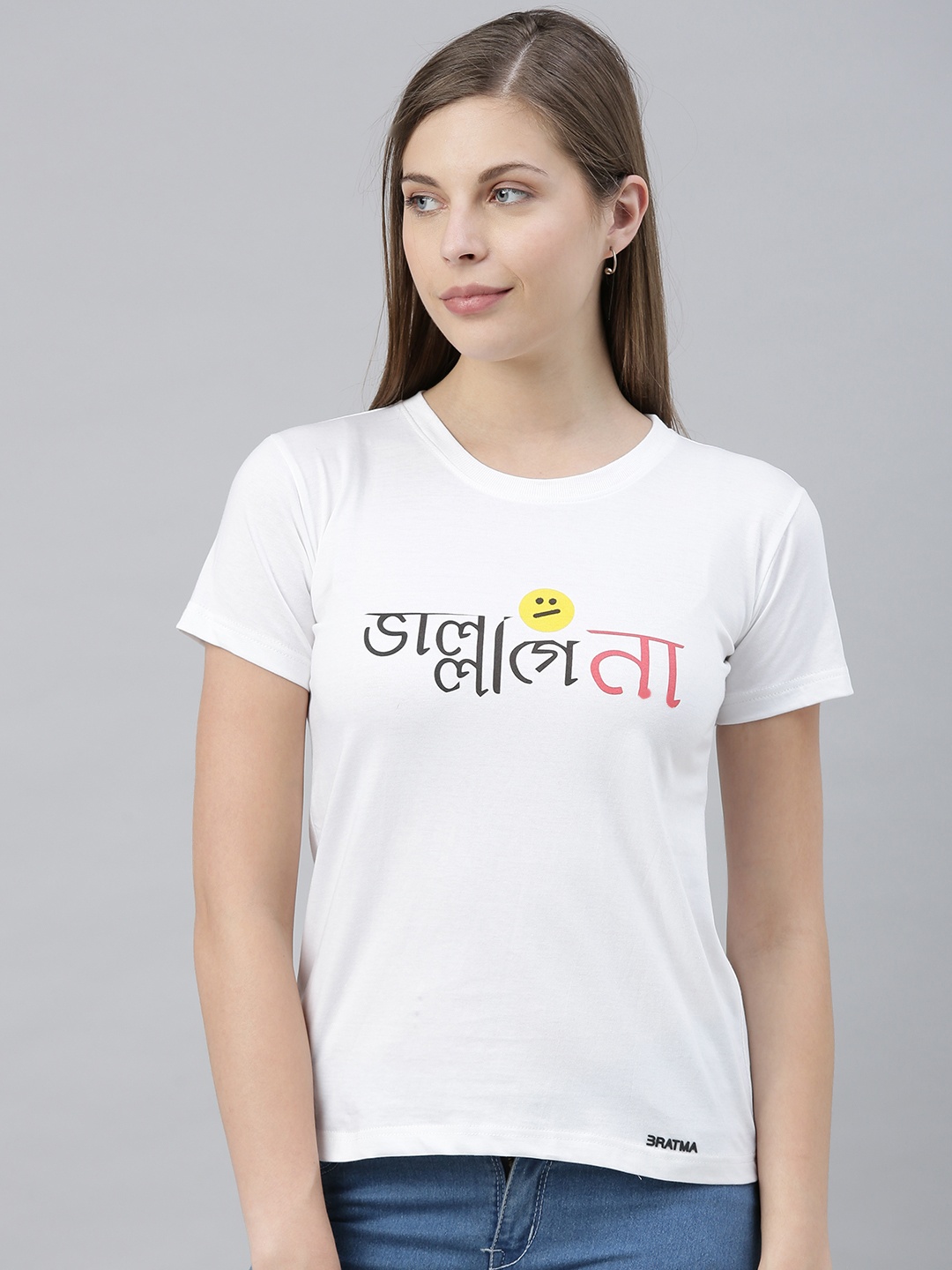 

BRATMA Women White Printed Round Neck T-shirt