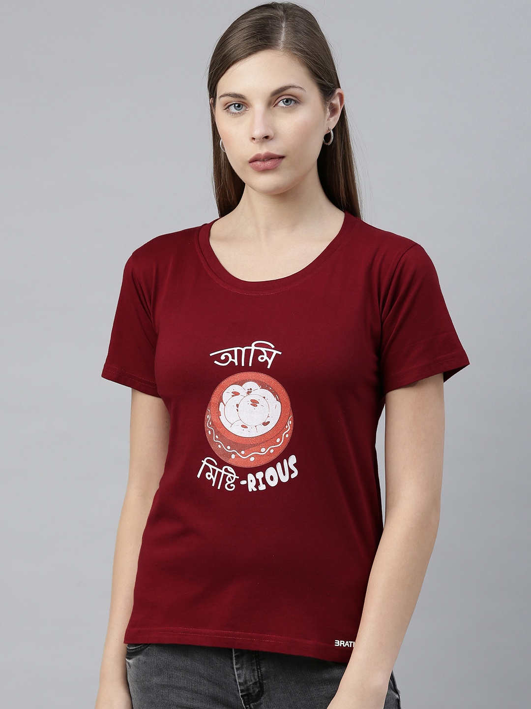 

BRATMA Women Maroon Printed Round Neck T-shirt