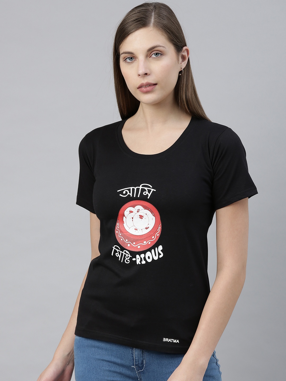 

BRATMA Women Black Printed Round Neck T-shirt