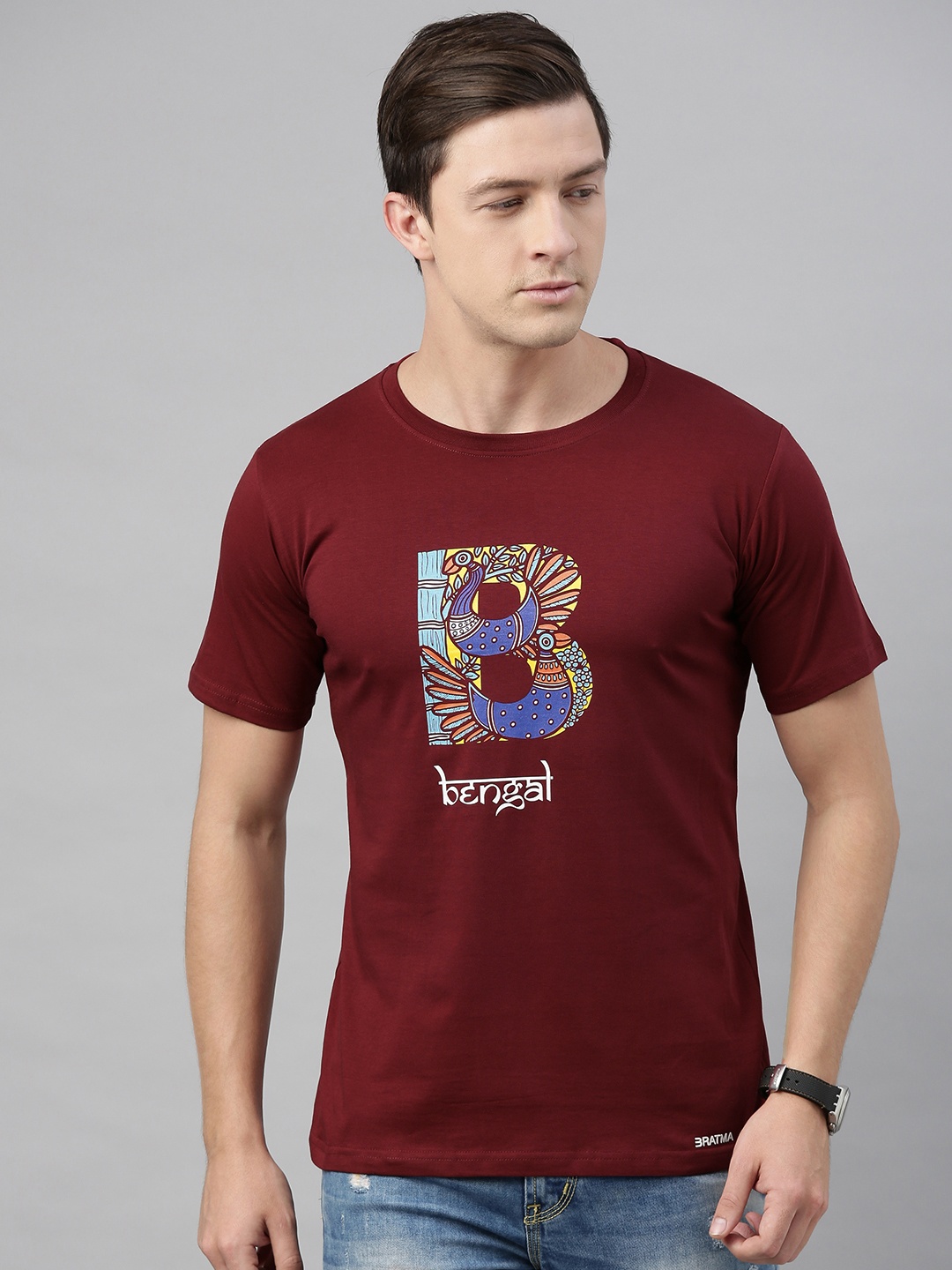 

BRATMA Men Maroon MADHUBANI BENGAL Printed Round Neck T-shirt
