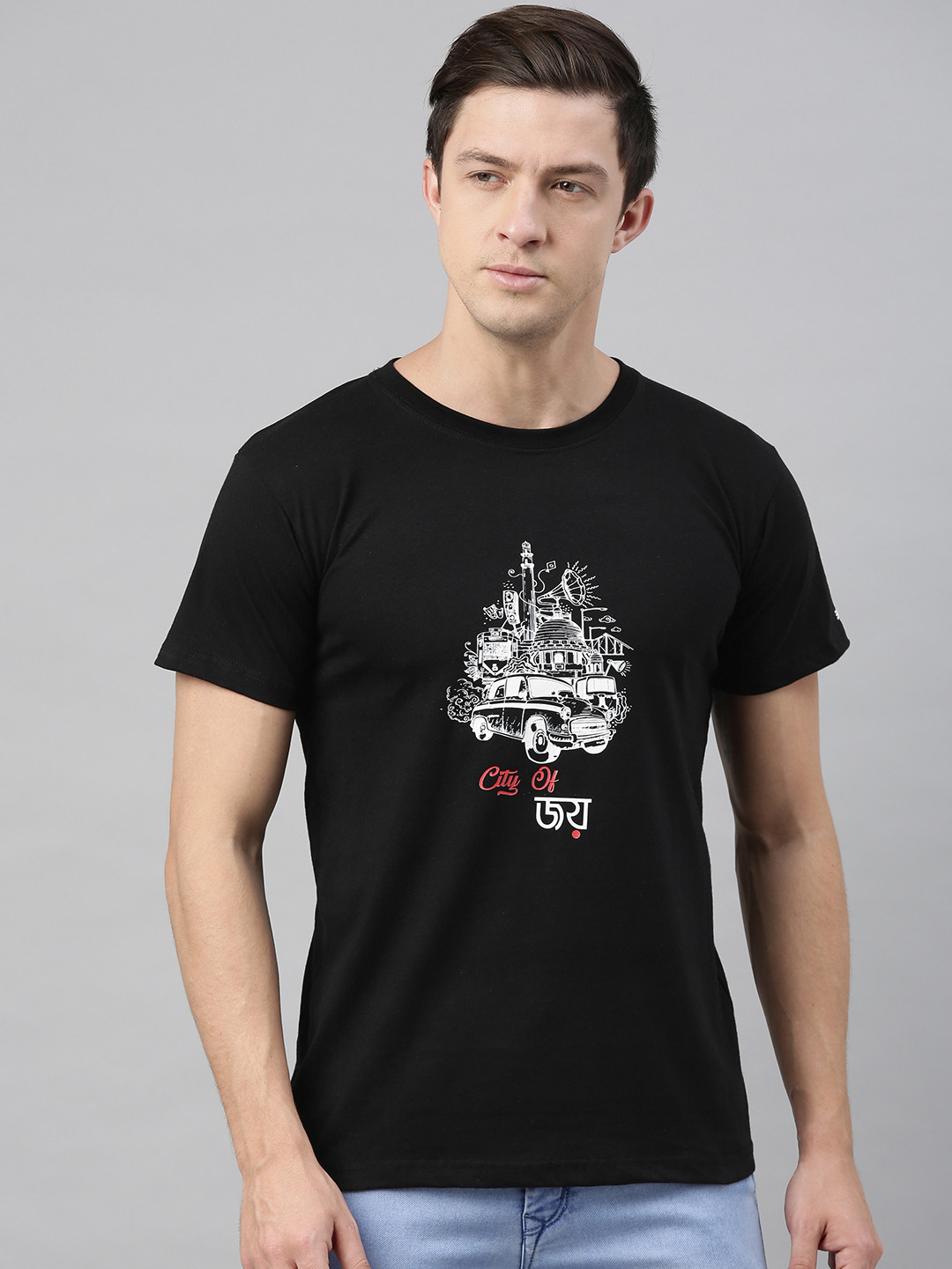 

BRATMA Men Black Graphic Printed Round Neck T-shirt