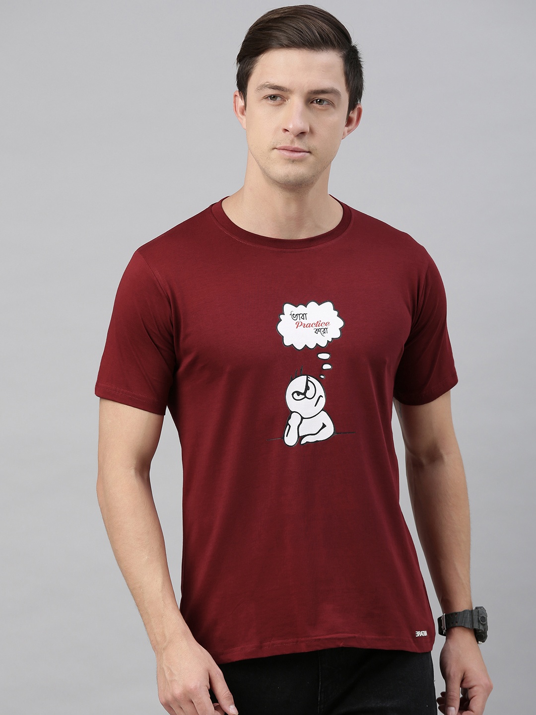 

BRATMA Men Maroon Printed Round Neck Pure Cotton T-shirt
