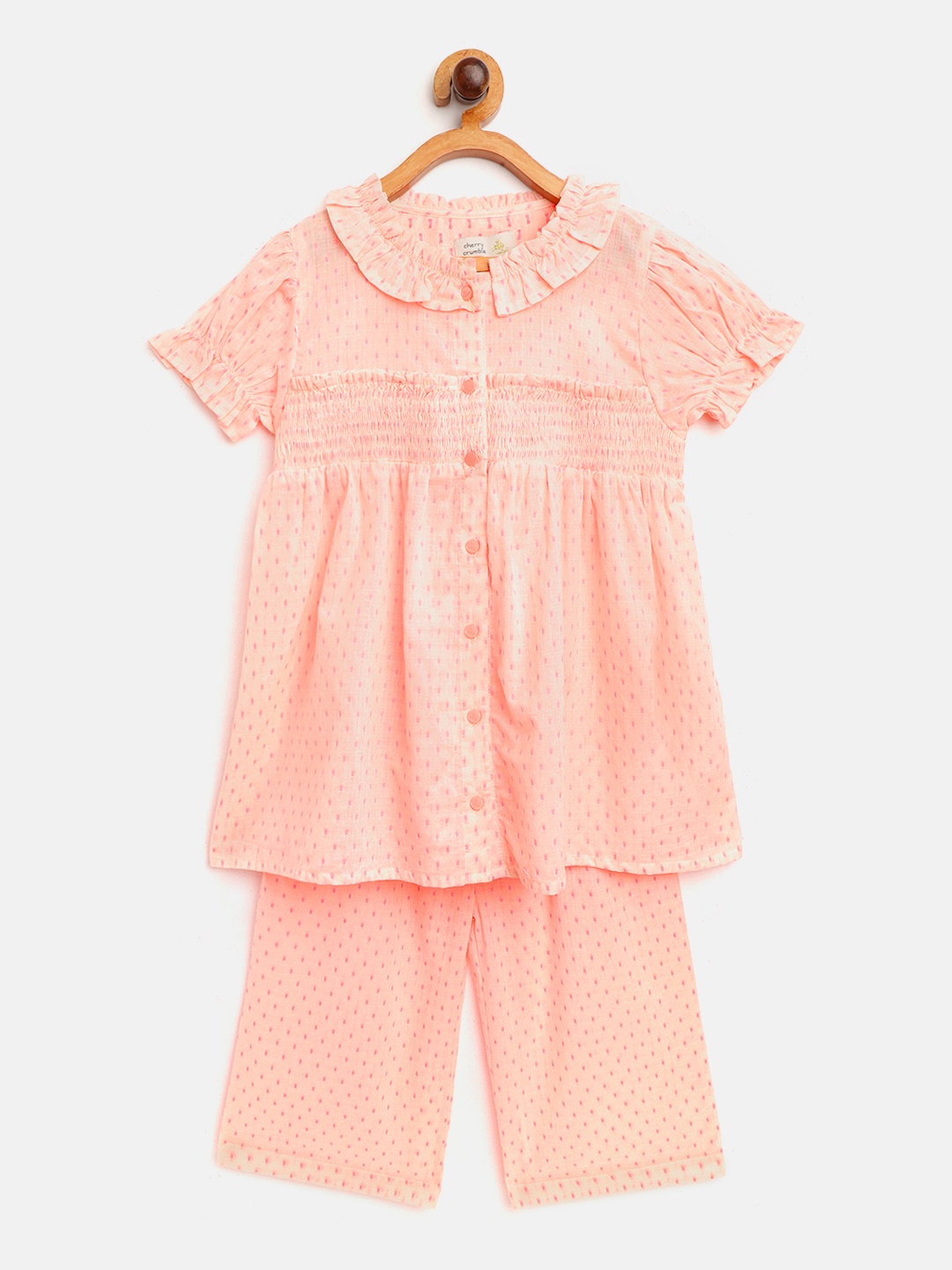 

Cherry Crumble Girls Coral Ruffle Butttoned Night Suit, Peach