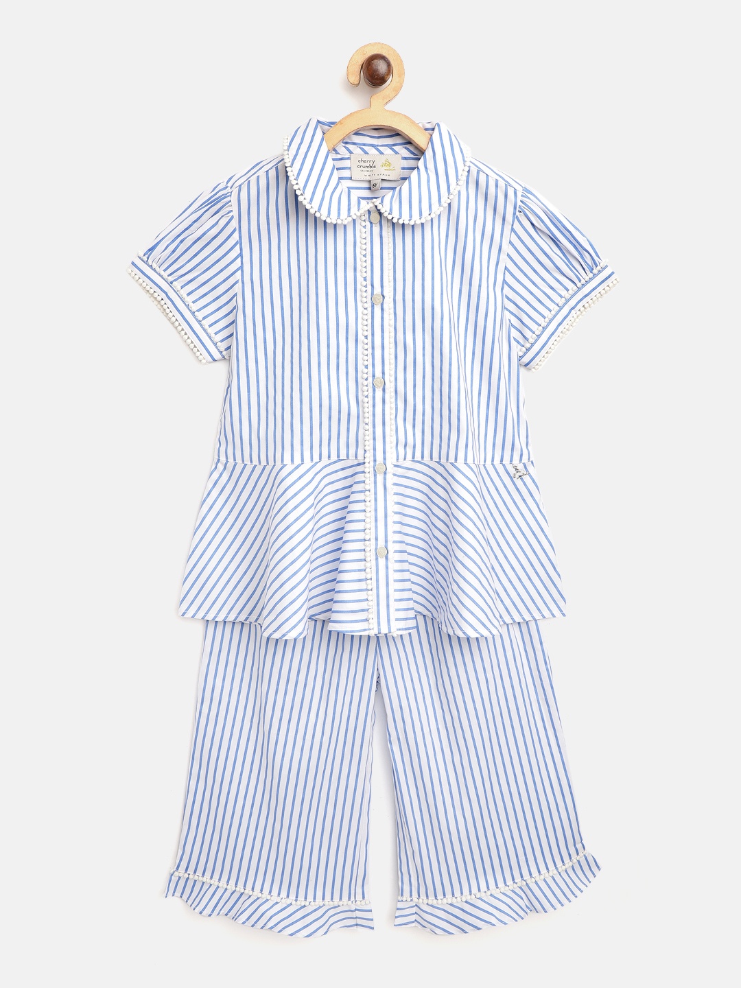 

Cherry Crumble Girls White & Blue Striped Pure Cotton Night suit