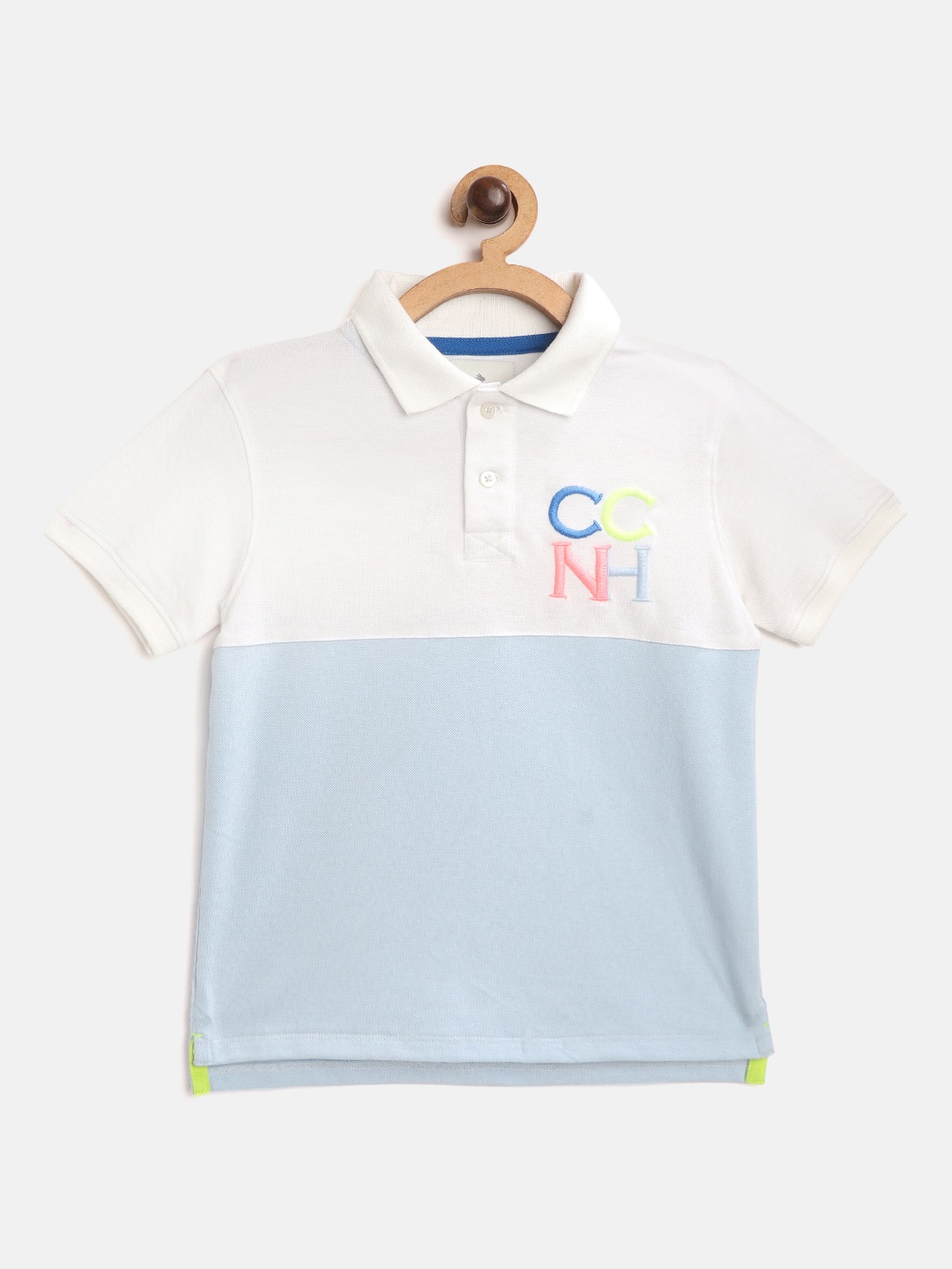 

Cherry Crumble Boys Blue & White Cotton Colourblocked Polo Collar T-shirt