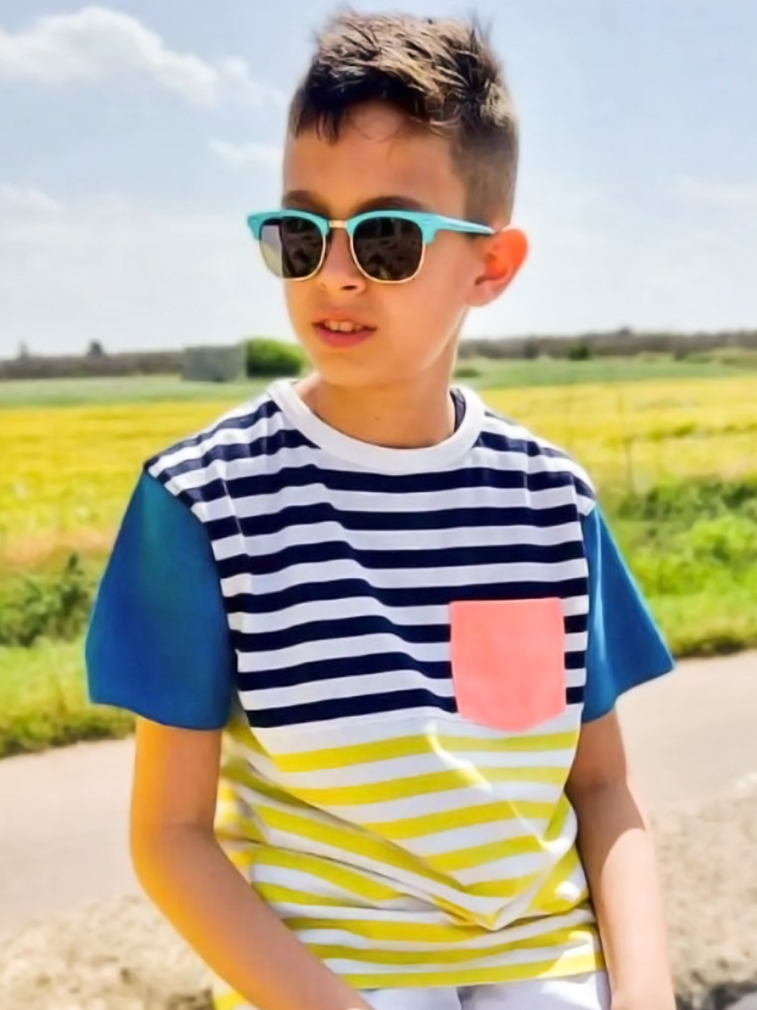 

Cherry Crumble Boys White & Yellow Cotton Striped Round Neck T-shirt