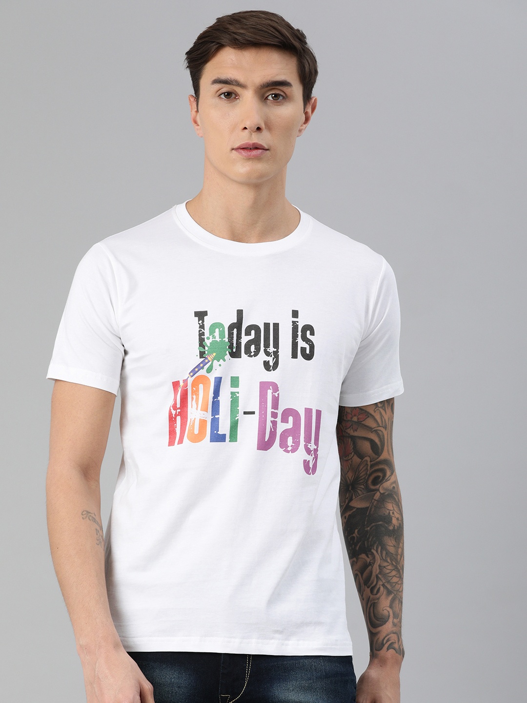 

BRATMA Men White Printed Round Neck Holi Pure Cotton T-shirt