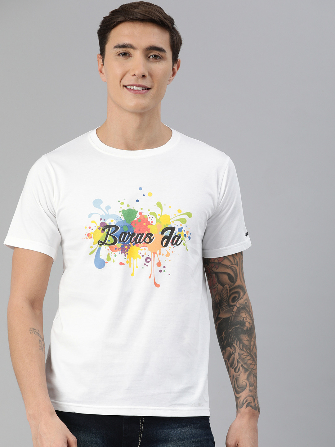 

BRATMA Printed Round Neck Pure Cotton Holi T-shirt, White