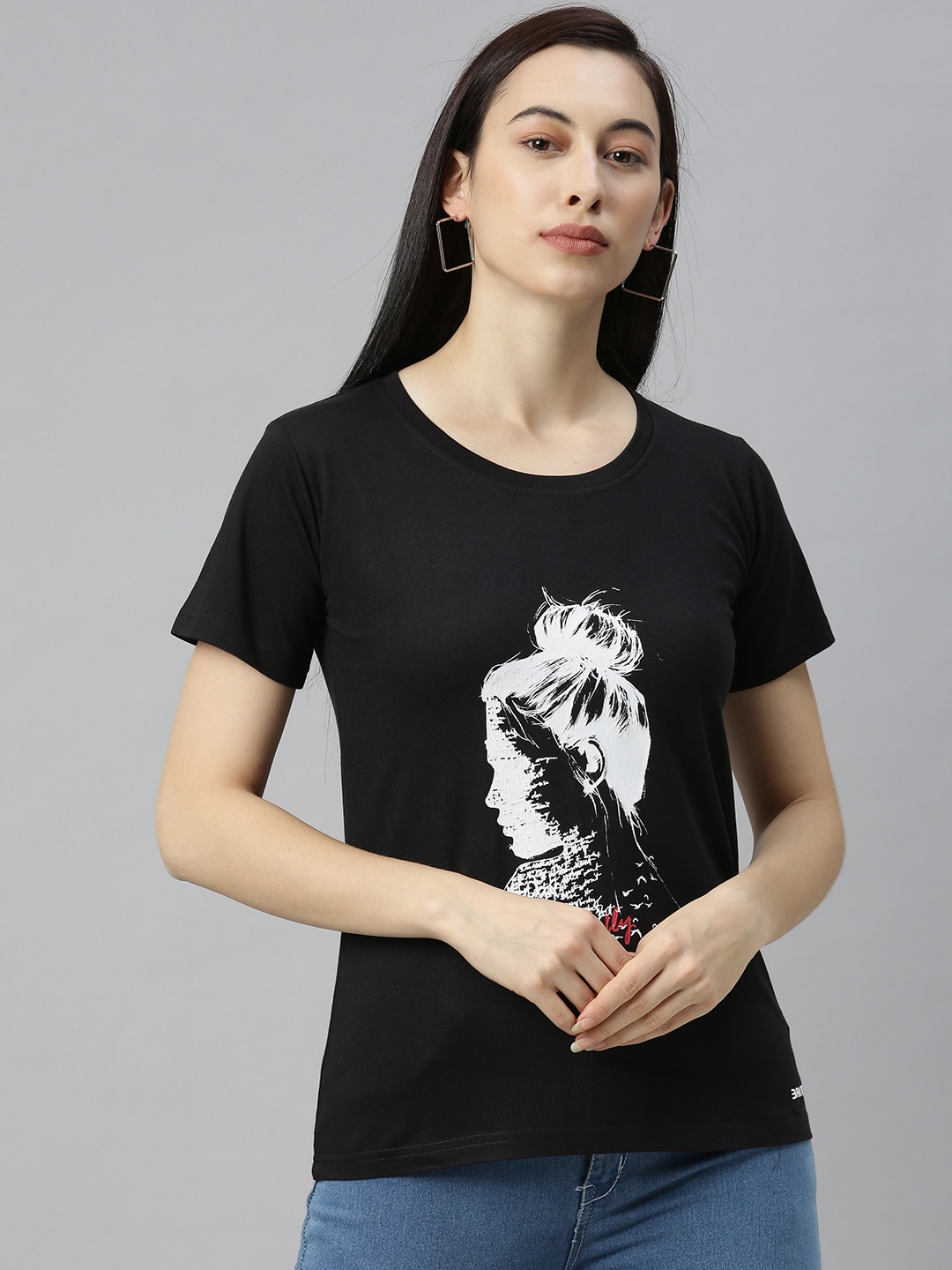 

BRATMA Women Black Printed Round Neck T-shirt