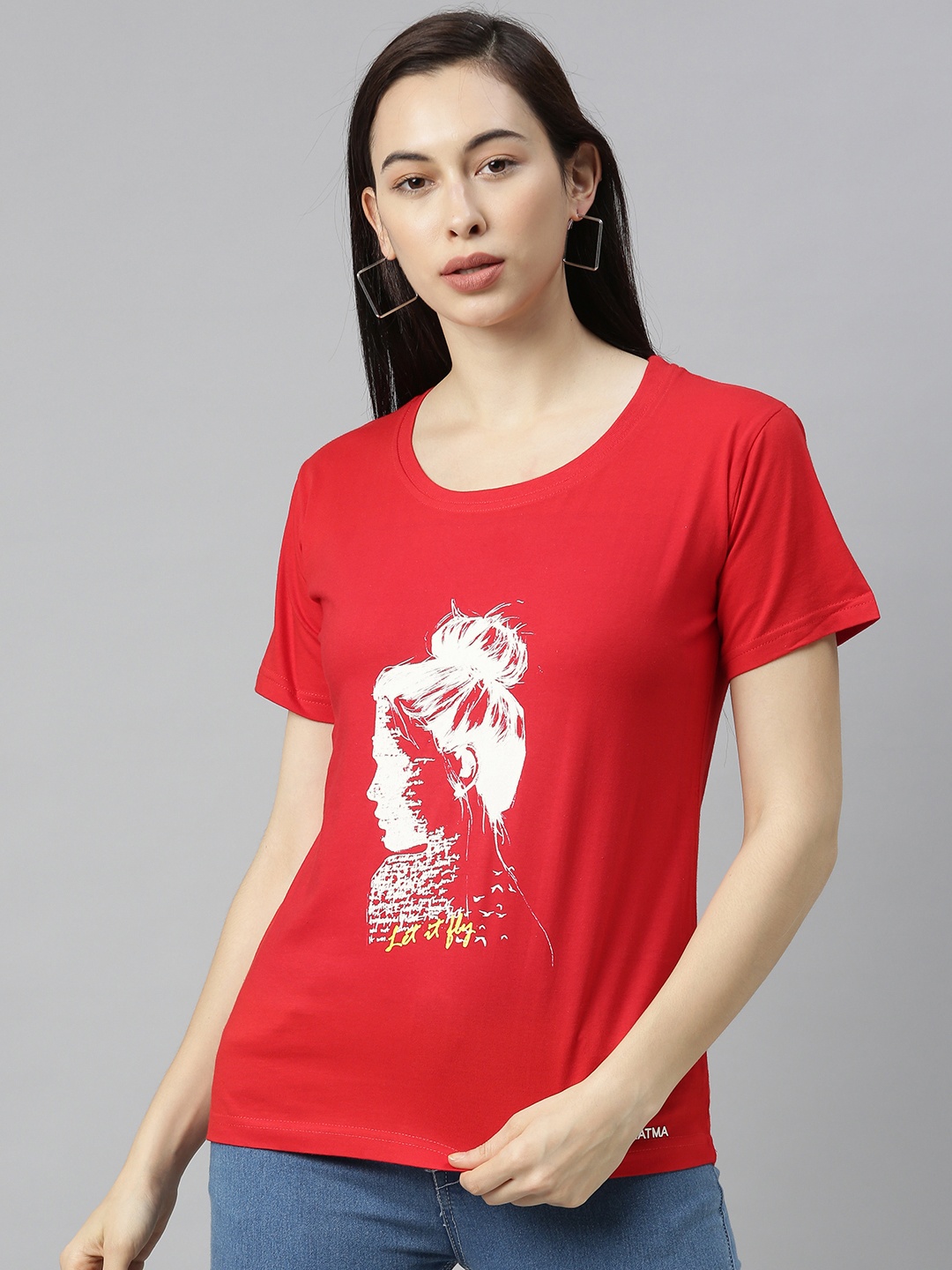 

BRATMA Women Red Printed Round Neck T-shirt