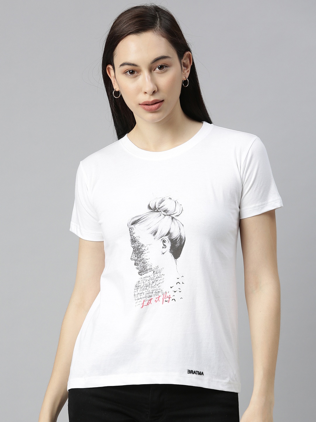 

BRATMA Women White Printed Round Neck T-shirt