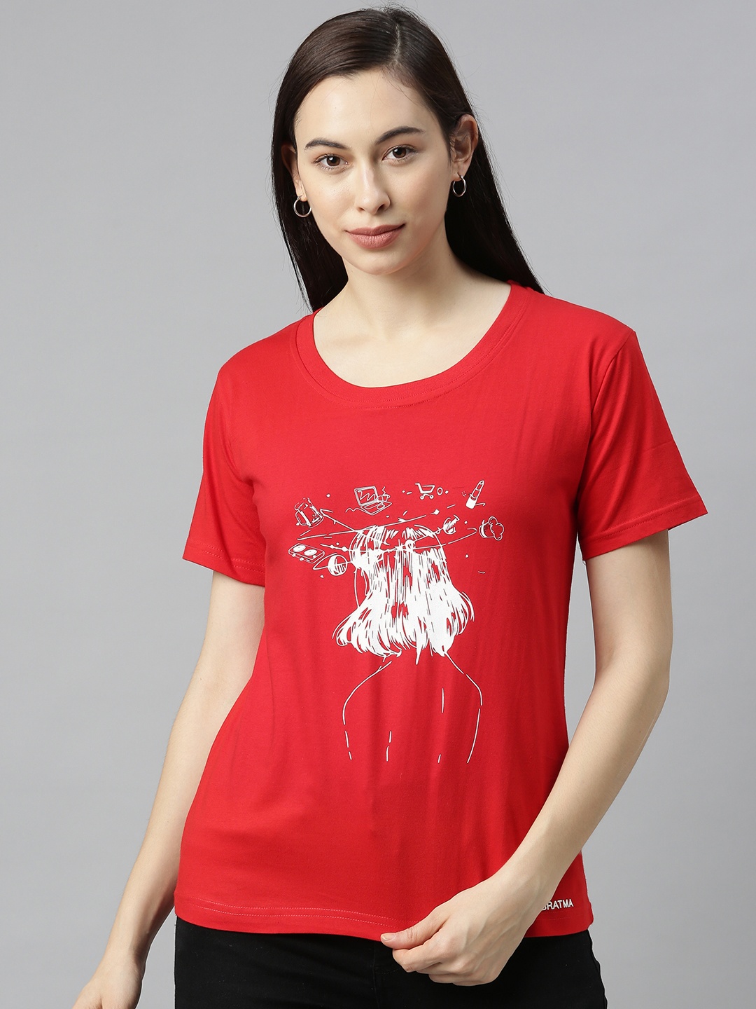 

BRATMA Women Red Printed Round Neck T-shirt