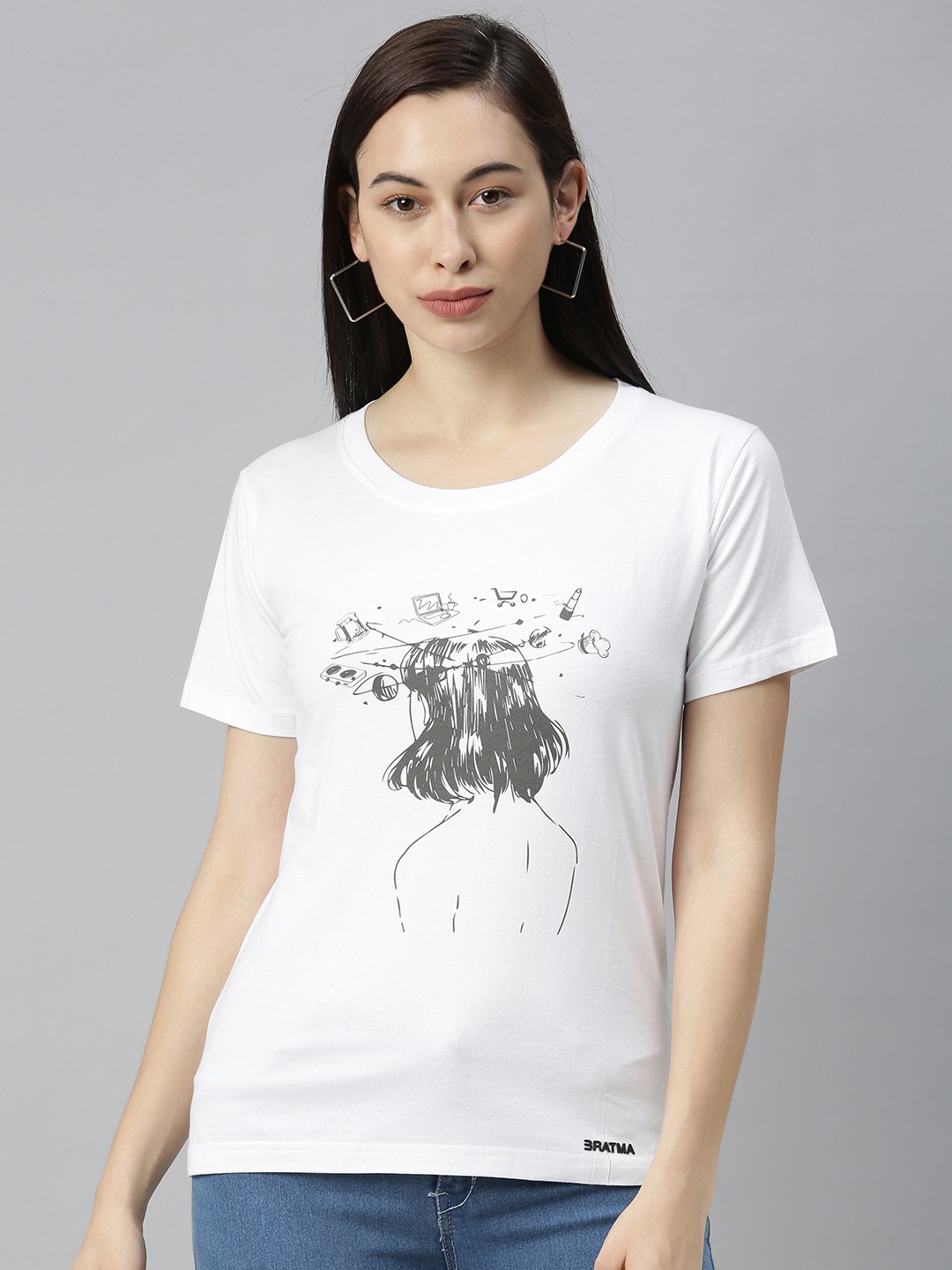 

BRATMA Women White Printed Round Neck T-shirt