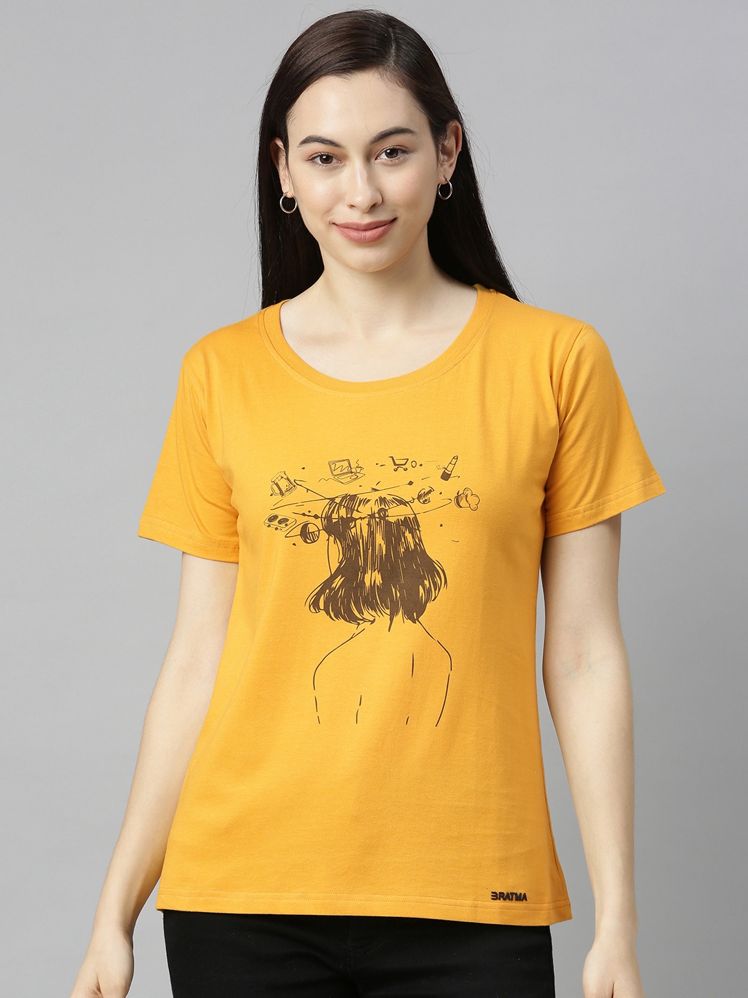 

BRATMA Women Yellow Printed Round Neck Cotton Pure Cotton T-shirt