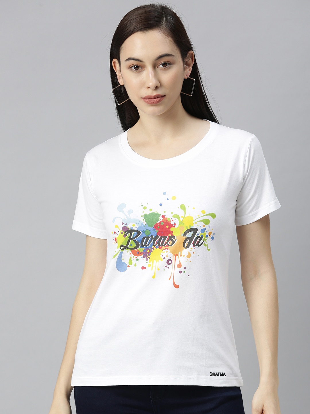 

BRATMA Women White Printed Round Neck Holi T-shirt
