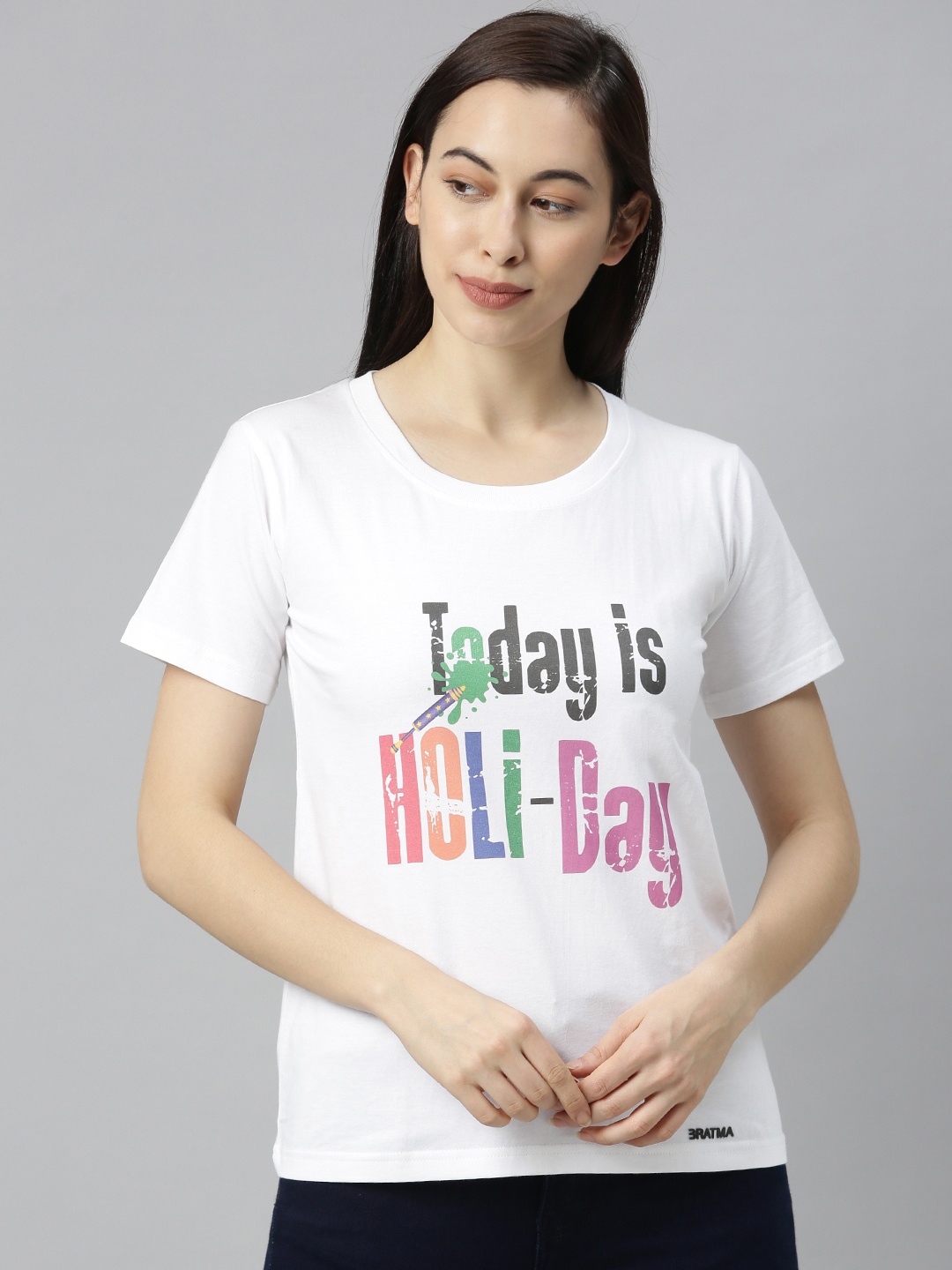 

BRATMA Women White Printed Round Neck Holi T-shirt