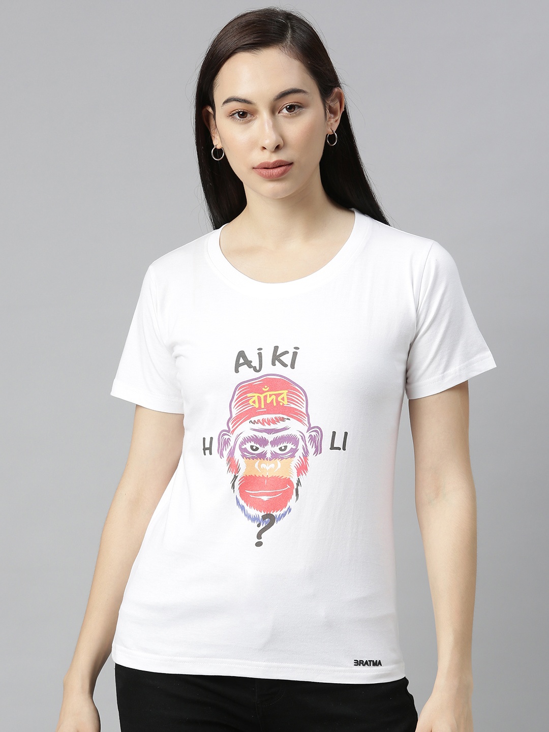 

BRATMA Women White Printed Round Neck Holi T-shirt