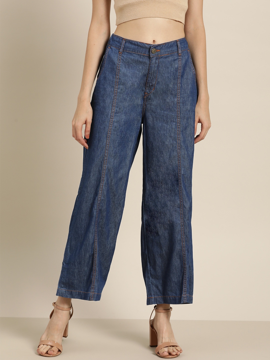 

all about you Women Navy Blue Faded Straight Fit Pure Cotton Denim Parallel Trousers