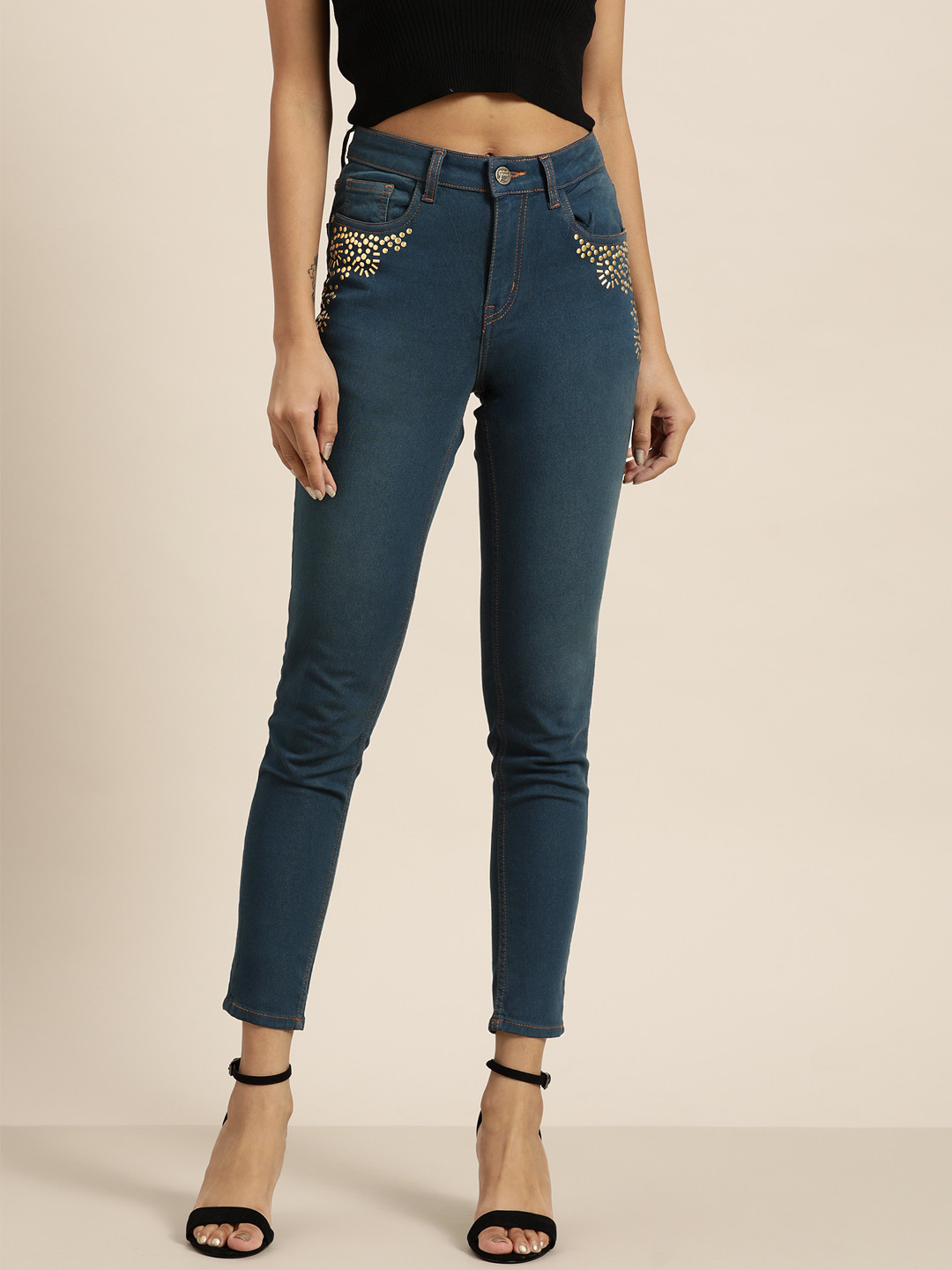 

all about you Women Blue Solid Stretchable Jeans with Embellished Detail