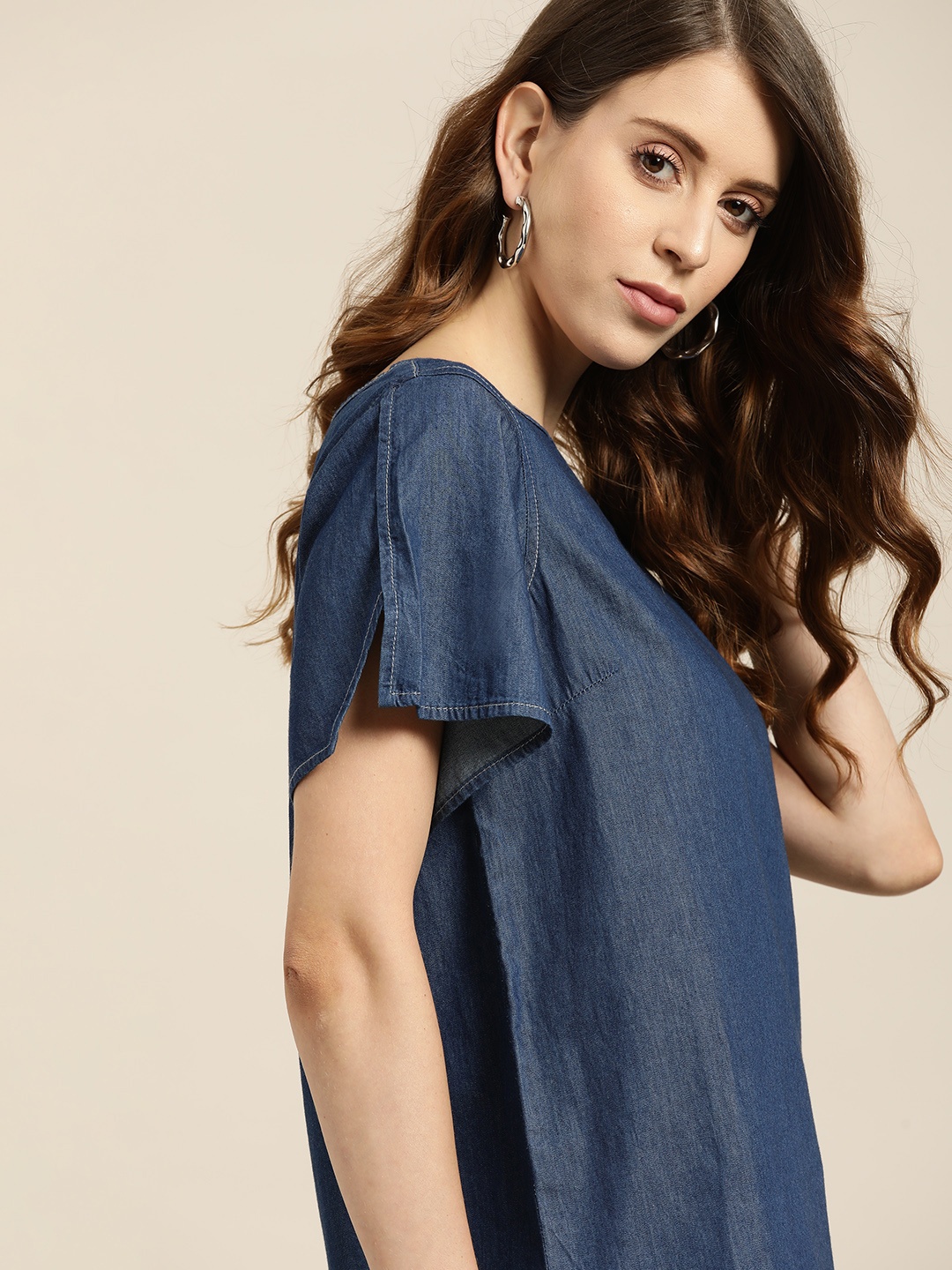 

all about you Blue Flared Sleeve Chambray Cotton Regular Top